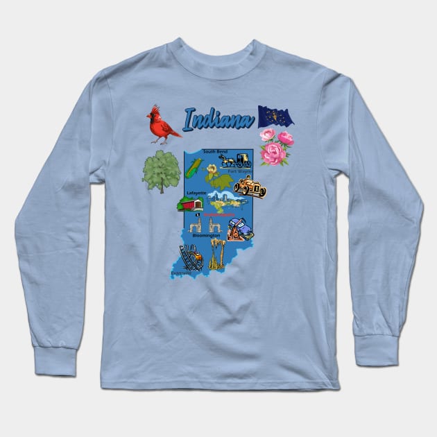 Indiana state tourist map with landmarks and famous symbols, USA Long Sleeve T-Shirt by Mashmosh